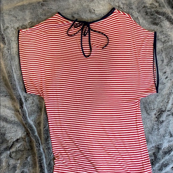 Red & white striped dress with navy trim. - Picture 4 of 5